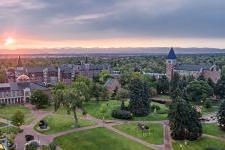 An aerial shot of DU's campus at sunset