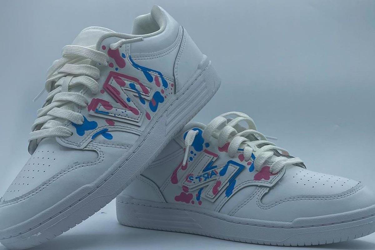 white shoes splattered with blue and pink paint