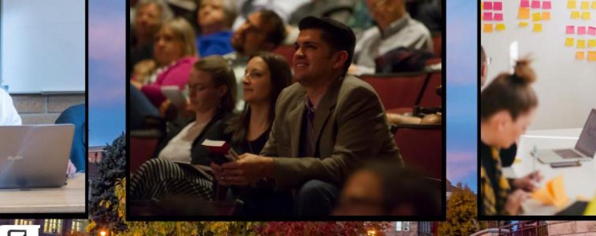 Banner image of people at meeting with a whiteboard, people in a classroom, and a woman helping a man on a laptop.